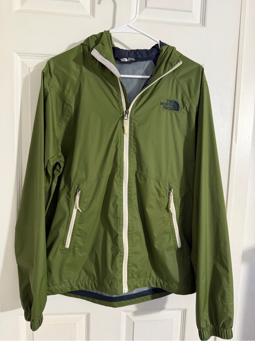 The North Face Olive Green Hooded Rain Jacket with White Zippers